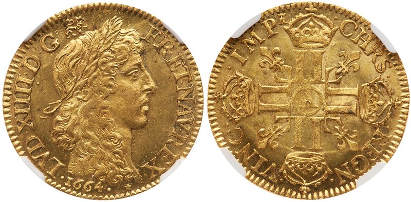 Louis XIV (1643-1715). Gold Louis d'or au buste juvenile, tete lauree, 1664-A (P...