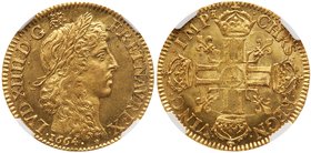 Louis XIV (1643-1715). Gold Louis d'or au buste juvenile, tete lauree, 1664-A (Paris). Laureate bust of youthful king right. Rev. Crowned double L's i...