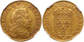 Louis XIV (1643-1715). Gold 2 Louis d'or a l'ecu, 1690-B (Rouen). Older laureate bust of king with long hair right. Rev. Crowned arms of France (Fr 42...