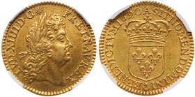 Louis XIV (1643-1715). Gold Half Louis d'or a l'ecu, 1690-A (Paris). Older lauereate bust of king with long hair right. Rev. Crowned arms of France (F...