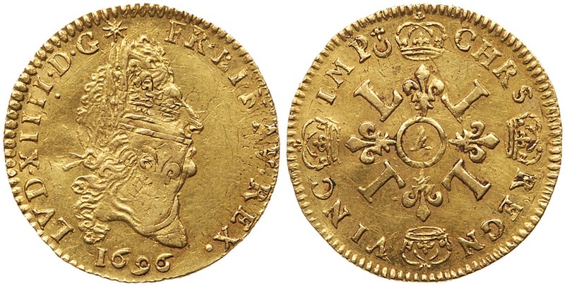 Louis XIV (1643-1715). Gold Half Louis d'or aux 4 L, 1696-A (3.37g). Paris mint....
