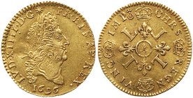 Louis XIV (1643-1715). Gold Half Louis d'or aux 4 L, 1696-A (3.37g). Paris mint. Old laureate head with long hair right. Rev. Four cruciform L's and f...