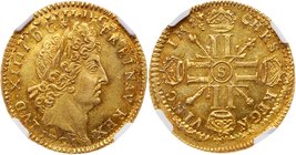 Louis XIV (1643-1715). Gold Louis d'or aux 8 L et aux insignes, 1701-S (Reims). Old laureate head with short hair right. Reverse ; Four cruciform crow...