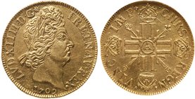 Louis XIV (1643-1715). Gold 2 Louis d'or aux 8 L et aux insignes, 1702-A (Paris). Older laureate head of king with shorter hair right. Rev. Four cruci...