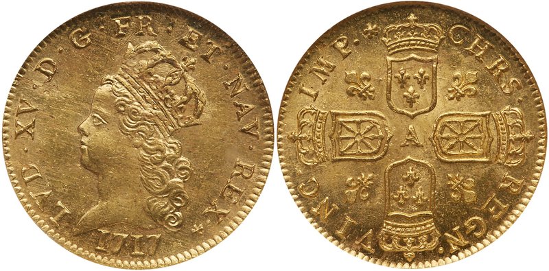 Louis XV (1715-1774). Gold 2 Louis d'or de Noailles, 1717-A (Paris). Crowned chi...
