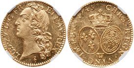 Louis XV (1715-1774). Gold Louis d'or au bandeau, 1745-W (Lille). Large head with hair ribbon. Rev. Crown over two oval shields (Fr 464; Gad 341; KM 5...