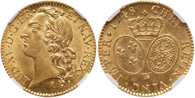 Louis XV (1715-1774). Gold Louis d'or au bandeau, 1748-W (Lille). Large head of ...