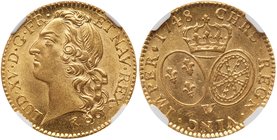 Louis XV (1715-1774). Gold Louis d'or au bandeau, 1748-W (Lille). Large head of king left with hair ribbon. Rev. Crown over two oval shields of France...
