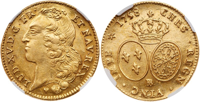 Louis XV (1715-1774). Gold 2 Louis d'or au bandeau, 1758-BB (Strasbourg). Large ...