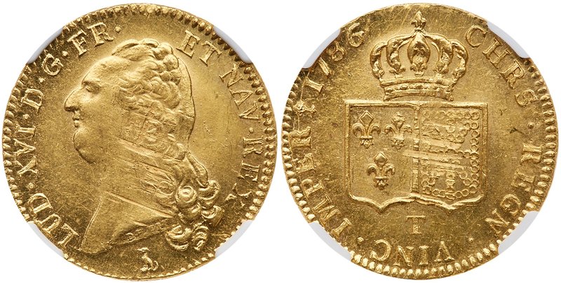 Louis XVI (1774-1792). Gold 2 Louis d'or, 1786-T (Nantes). Bare head of king lef...