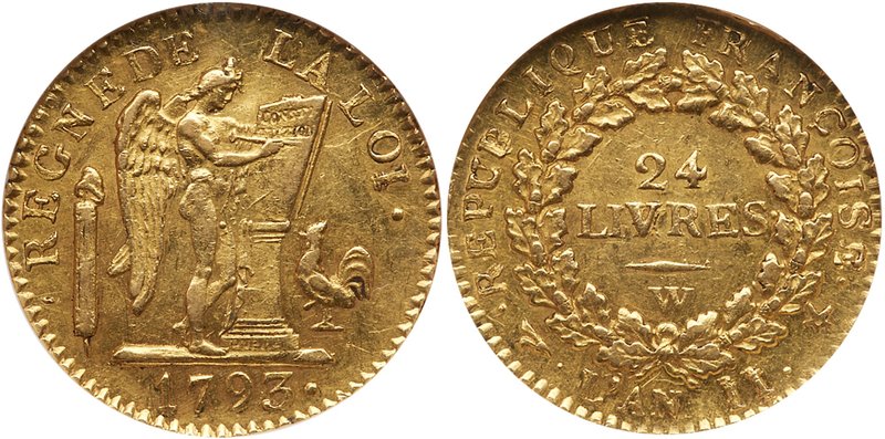 National Convention (1792-1795). Gold Louis d'or of 24 Livres, 1793-W (Lille). F...