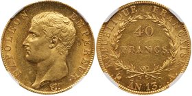 Napoleon Bonaparte, First Empire (1804-1814). Gold 40 Francs, AN 13-A (1804) Paris mint. Bare head left, Napoleon as Empereur. Rev. Value within wreat...