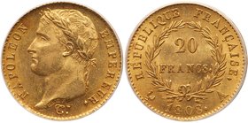 Napoleon I (1804-1814). Gold 20 Francs, 1808-A (Paris). Laureate head left. Rev. Value within wreath, date below (Fr 499; KM 687.1; Gad 1024). In PCGS...
