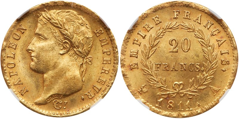 Napoleon I (1804-1814). Gold 20 Francs, 1811-A (Paris). Laureate head left. Rev....