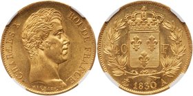 Charles X (1824-1830). Gold 40 Francs, 1830-A (Paris). Incuse letters on edge. Bare head right. Rev. Crowned arms within wreath, value at sides, date ...