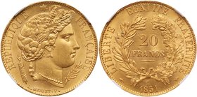 Second Republic (1848-1852). Gold 20 Francs, 1851-A (Paris). Head of Ceres right. Rev. Value within wreath, date below (Fr 566; KM 762; Gad 1059). In ...