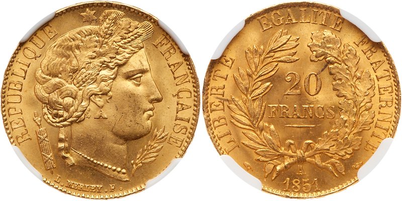 Second Republic (1848-1852). Gold 20 Francs, 1851-A (Paris). Head of Ceres right...