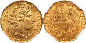 Second Republic (1848-1852). Gold 20 Francs, 1851-A (Paris). Head of Ceres right. Rev. Value within wreath, date below (Fr 566; KM 762; Gad 1059). In ...