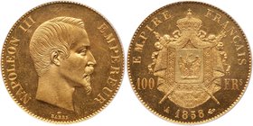 Napeoleon III (1852-1870). Gold 100 Francs, 1858-A (Paris). Bare head right. Rev. Crowned Imperial arms, value at sides, date below (Fr 569; KM 786.1;...