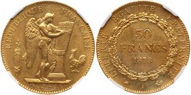 Third Republic (1871-1940). Gold 50 Francs, 1878-A (Paris). Genius writing on tablet. Rev. Value and date within wreath (Fr 591; KM 831; Gad 1113). In...