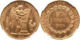 Third Republic (1871-1940). Gold 50 Francs, 1904-A (Paris). Genius writing on tablet. Rev. Value and date within wreath (Fr 591; KM 831; Gad 1113). In...