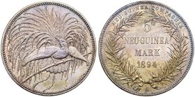 German New Guinea. Wilhelm II (1888-1918). Silver 5 Mark, 1894-A. Value and date within wreath. Rev. Bird of paradise on a bough (Dav 429; KM 7; J 707...