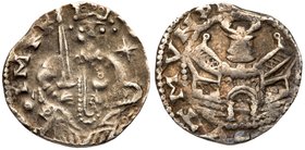 Aachen. Frederick I (Barbarossa) as Holy Roman Emperor (1152-1190). Silver Denar, undated (1.7g). Frederick seated facing, holding raised sword and gl...