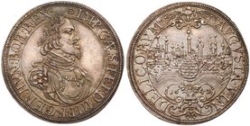 Augsburg. Silver Taler, 1642. Laureate bust right with titles of Emperor Ferdinand III. Rev. City view, city arms in front dividing date (Dav 5039; KM...