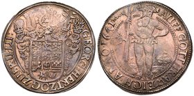 Brunswick-L&uuml;neburg. Ernst August (1679-1698). Silver Taler, 1641-HS. Five helmets above coat of arms. Rev. Wildman holding uprooted tree in right...
