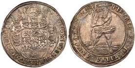 Brunswick-L&uuml;neburg. Georg Wilhelm (1648-1705). Silver Taler, 1655-HS. Five helmets above coat of arms. Rev. Wildman facing right, holding tree on...