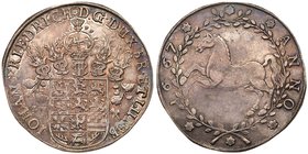 Brunswick-L&uuml;neburg. Johann Friedrich (1665-1679). Silver Taler, 1667-LW. Five helmets above coat of arms. Rev. Leaping horse left within wreath (...