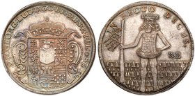 Brunswick-Luneburg. George Ludwig (1698-1727). Silver Taler, 1698-RB. Crown arms with leaping horse on crest. Rev. Tall thin wildman holding tree in r...