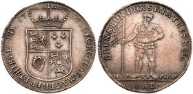 Brunswick-L&uuml;neburg. George II, King of England (1727-1760). Silver Taler, 1734-IAB. Crowned shield. Rev. Wildman standing facing, holding tree in...