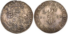 Brunswick-Wolfenb&uuml;ttel. Julius (1568-1589). Silver Licht Taler, 1583. Three helmets above six part arms. Rev. Wildman with light in right hand an...
