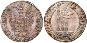 Brunswick-Wolfenb&uuml;ttel. August The Younger (1604-1666). Silver Taler, 1646-HS. Crest with five helmets. Rev. Wildman holding uprooted tree in rig...