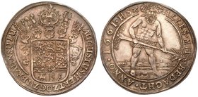 Brunswick-Wolfenb&uuml;ttel. August The Younger (1604-1666). Silver Taler, 1661. Crest with five helmets. Rev. Wildman leaning forward holding uproote...