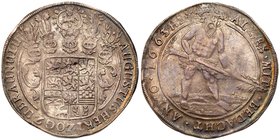 Brunswick-Wolfenb&uuml;ttel. August The Younger (1604-1666). Silver Taler, 1663-HS. Crest with five helmets above. Rev. Wildman leaning forward holdin...