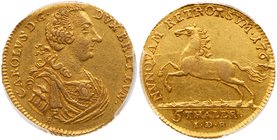 Brunswick-Wolfenb&uuml;ttel. Karl I (1735-1780). Gold 5 Taler, 1762-E-I.D.B. Armored bust right. Rev. Horse leaping left (Fr 714; KM 915; Wel 2694). I...