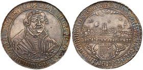 Eisleben. State. Silver &frac12; Taler, 1661 (16.28g). Commemorates the 100th Anniversary of the Naumburg convention. Bust of Martin Luther facing, da...