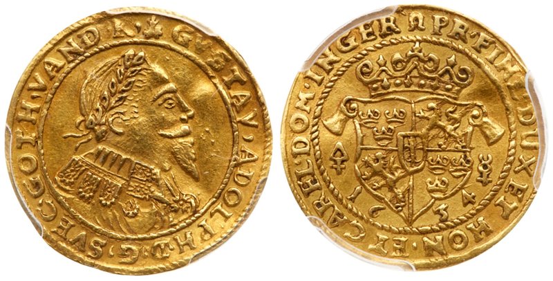 Erfurt. Gustav II Adolf of Sweden. Gold Ducat, 1634. Laureate bust of King right...