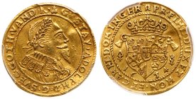 Erfurt. Gustav II Adolf of Sweden. Gold Ducat, 1634. Laureate bust of King right. Rev. Crowned arms, date below (Fr 923; KM 54). In PCGS holder graded...