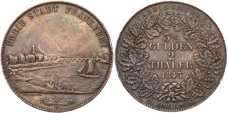 Frankfurt am Main. Silver 2 Taler, 1843. City view of city with sailing ship on ...