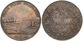 Frankfurt am Main. Silver 2 Taler, 1843. City view of city with sailing ship on river. Rev. Value and date within wreath (Dav 640; KM 326). In PCGS ho...