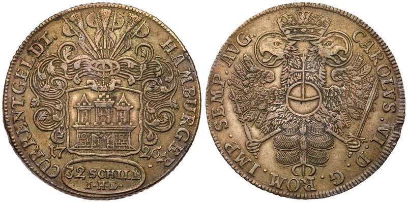 Hamburg. Silver 32 Schilling (2 Mark), 1726-IHL. Helmeted arms with flags above,...