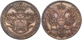 Hamburg. Silver Taler, 1730-IHL. For the 200th Anniversary of the Augsburg Confession. Helmeted arms with flags above and tower on shield below, title...