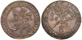Hesse-Cassel. Moritz (1592-1627). Silver Taler, 1624-TS. Legend with four arms, crowned Hessian lion in center, mintmaster TS below. Rev. Crossed bann...