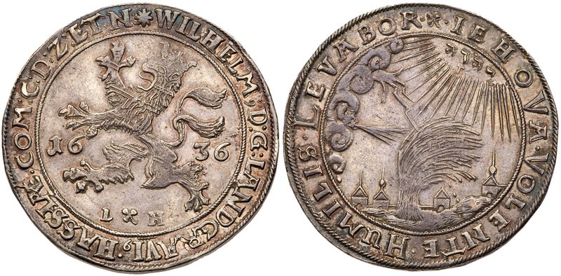 Hesse-Cassel. Wilhelm V (1627-1637). Silver "Storm" Taler, 1636-LH. Crowned lion...