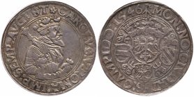 Kempten. City. Taler, 1546. Crowned half figure bust of Charles V, holding sword and orb facing right. Rev. Crowned shield with three smaller shields ...