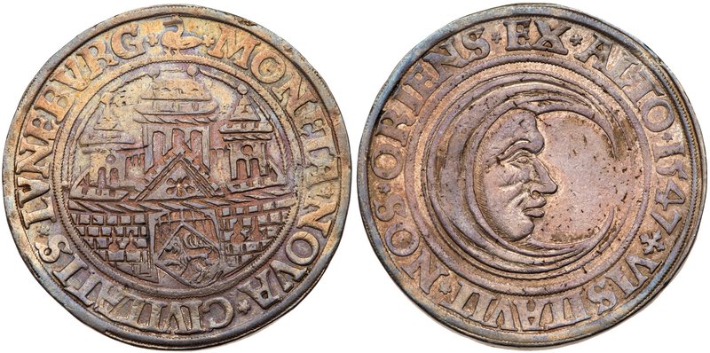 L&uuml;neburg. City. Silver"Man in the Moon" Taler, 1547. City gate with three t...