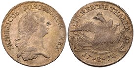 Prussia. Friedrich II, The Great (1740-1786). Silver Taler, 1770-B. Breslau mint. Head right. Rev. Crowned eagle above flags, drums and cannon (Dav 25...